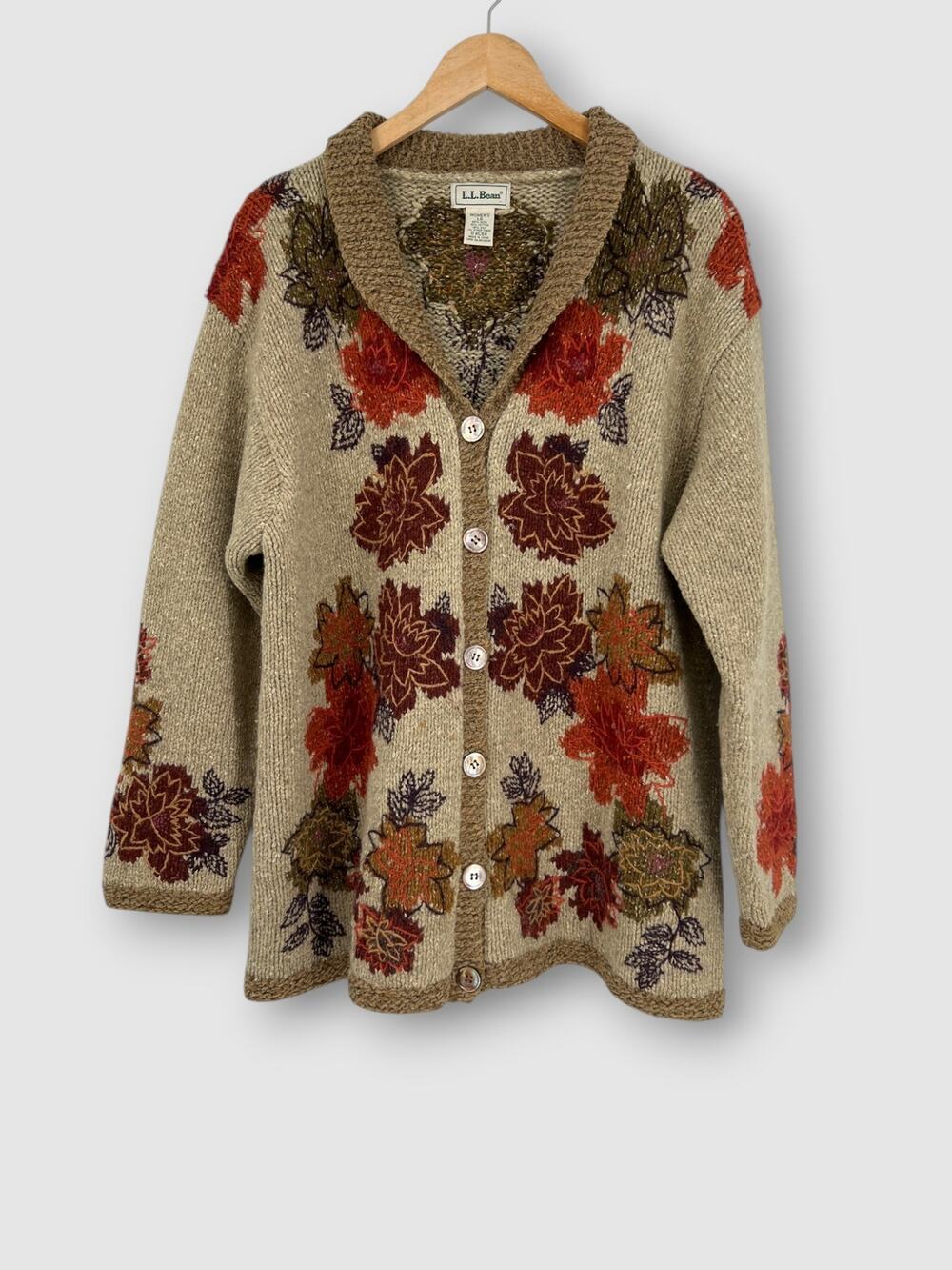 Vintage L.L. Bean Wool Blend Cardigan Sweater Embroidered Autumn Leaves Large